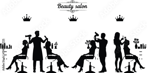 Beauty salon silhouette set with hairdressers cutting styling and drying hair for women in a professional hair parlor vector illustration