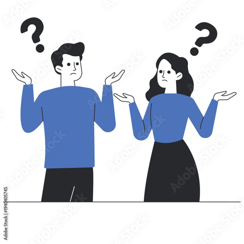 Man and woman shrugging with question marks expressing confusion and doubt vector illustration.