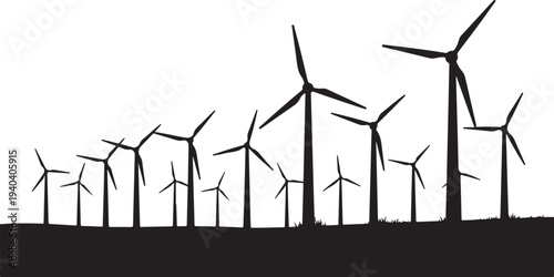 Silhouette of wind turbines on a white background landscape