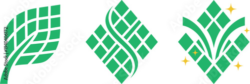 Green leaf logo collection with geometric grid pattern eco nature brand symbol modern environmental vector illustration