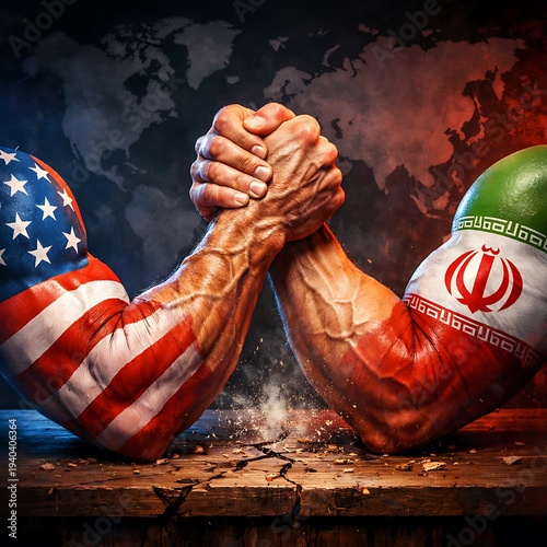 Muscular arm wrestling match between american and iranian flags on cracked wooden table with world map background