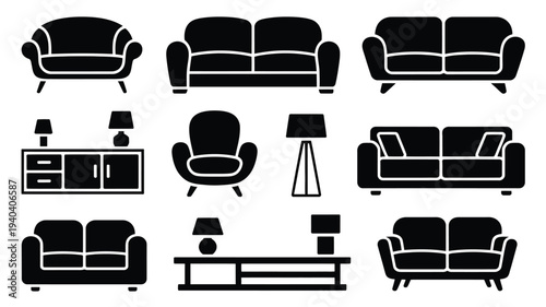 Vector bundle of modern home furniture silhouettes including sofas armchairs lamps and tv stands in black on white background for interior design and decoration