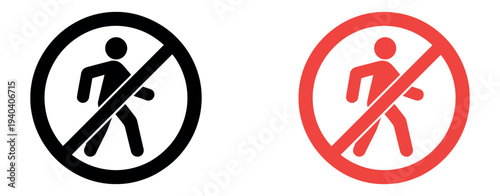 No Walking Prohibition Sign Icon Vector Set with Crossed Pedestrian Symbol in Black and Red Circular Warning Style