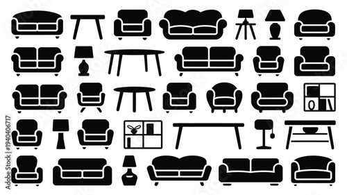 Collection of black furniture silhouettes including sofas chairs tables and lamps on white background for design and decoration