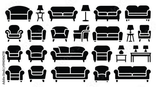 Collection of black silhouettes of various furniture pieces and lamps on white background for design use
