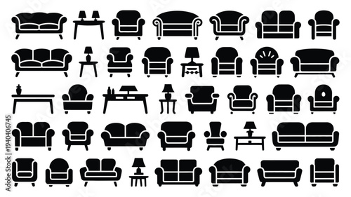 Collection of various black furniture silhouettes including sofas chairs tables and lamps on white background for design and decoration