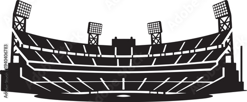 Stadium seating area with floodlights in black and white