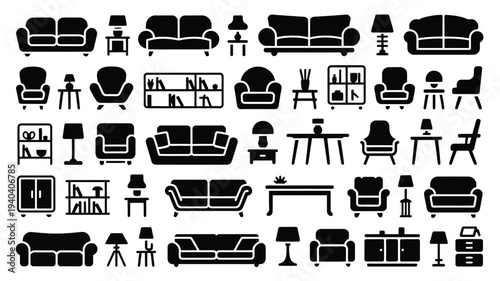 Collection of home furniture silhouettes including sofas chairs tables lamps and desks on white background