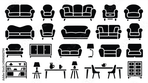 Collection of home furniture silhouettes including sofas chairs tables lamps and cabinets on white background