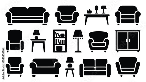 Collection of black furniture silhouettes on white background icons of sofas chairs tables lamps and cabinets for design and decoration
