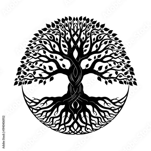 Mystical Tree of Life Symbol, Intricate Roots and Branches, Circular Design, Black and White