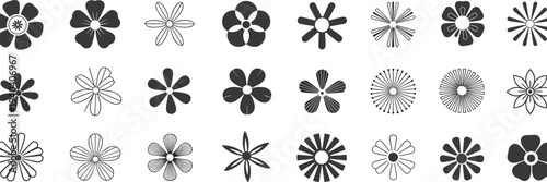 Set of floral design elements with minimalist flower icons and botanical shapes in black silhouette for cad drawing flat vector illustration