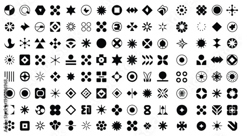 Digital icon sheet displaying various black symbols and shapes on white background for design and graphic resources