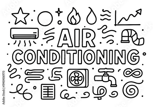 Air conditioning icons with ac unit and duct outline