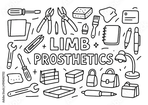 Limb prosthetics icons with wrench pliers notebook outline