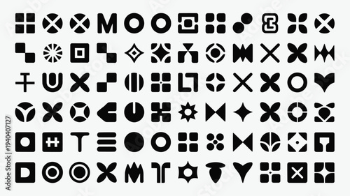 Collection of various black geometric shapes and symbols on white background for design and creative projects