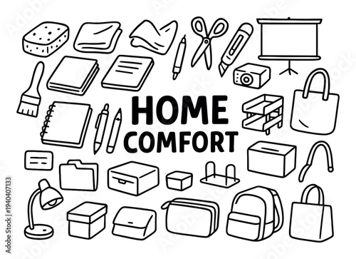 Home comfort icons with sponge book lamp minimal