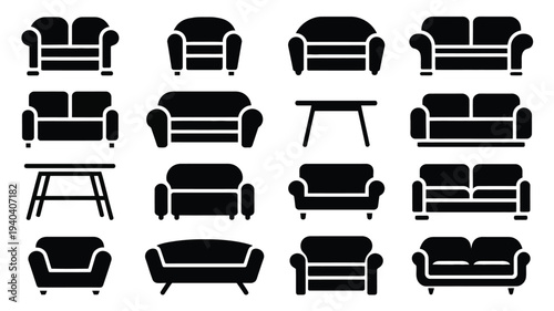 Collection of modern furniture silhouettes including sofas loveseats and coffee tables in black on white background