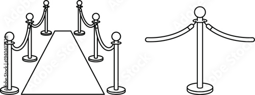 Red carpet queue barrier stanchion rope divider set for VIP entrance crowd control event management line vector illustration