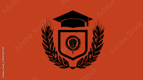 A stylized emblem on an orange background, features a graduation cap, shield, floral symbol, and wreaths