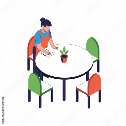 Woman cleaning a round table with chairs in a room.