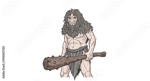 Caveman Holding a Large Wooden Club Ready for Action
