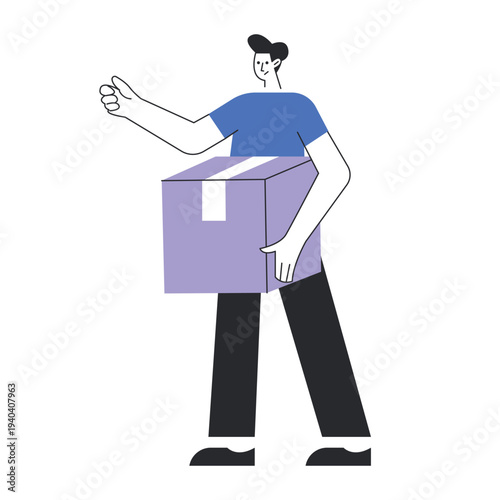 Delivery man carrying a large purple parcel box while gesturing forward vector illustration.