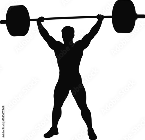 Strong bodybuilder silhouette lifting heavy barbell over head, weightlifting gym exercise, fitness training on white background