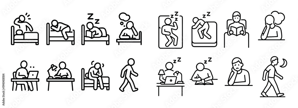 Naklejka premium Sleep icons with bed person laptop minimal