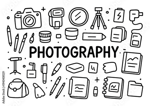 Photography icons with camera lens tripod outline