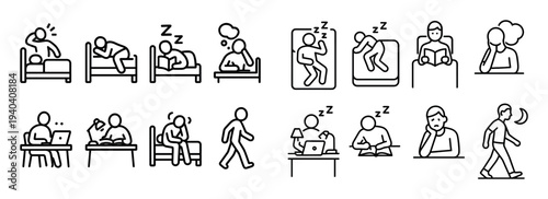 Sleep icons with bed person laptop minimal