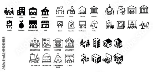 Workspace icons with office cafe garage minimal