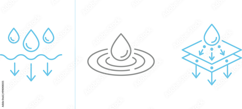 Φωτογραφία Water filtration and absorption process icon set with droplets ripple effect and