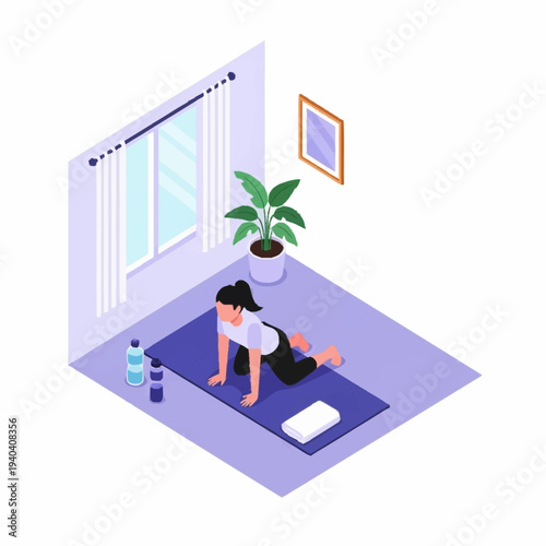 Woman practicing yoga on a mat in a room.