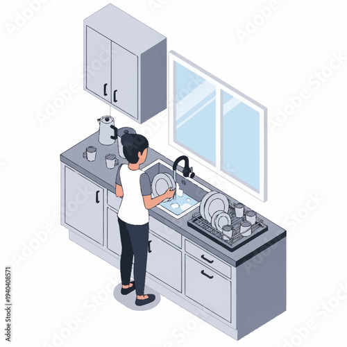 Woman washing dishes in a modern kitchen sink.