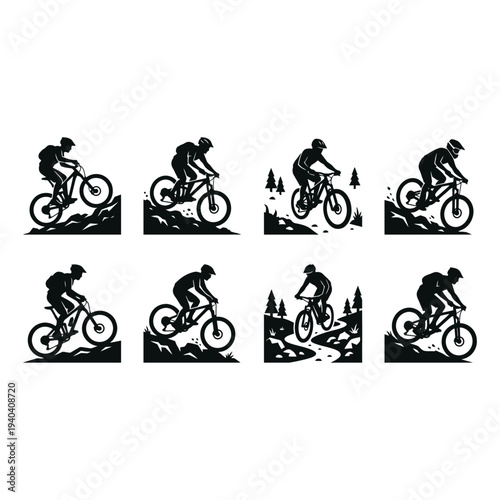mountain bike silhouettes with bikes and riders, outdoor extreme sports vector illustrations on white background