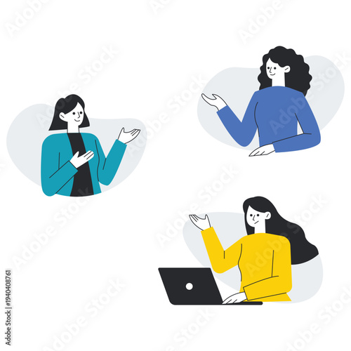 Diverse team of professional women collaborating online and communicating through digital technology vector illustration.