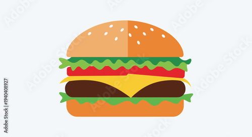 A colorful illustration of a hamburger with lettuce tomato and cheese on a sesame seed bun, Generative AI.