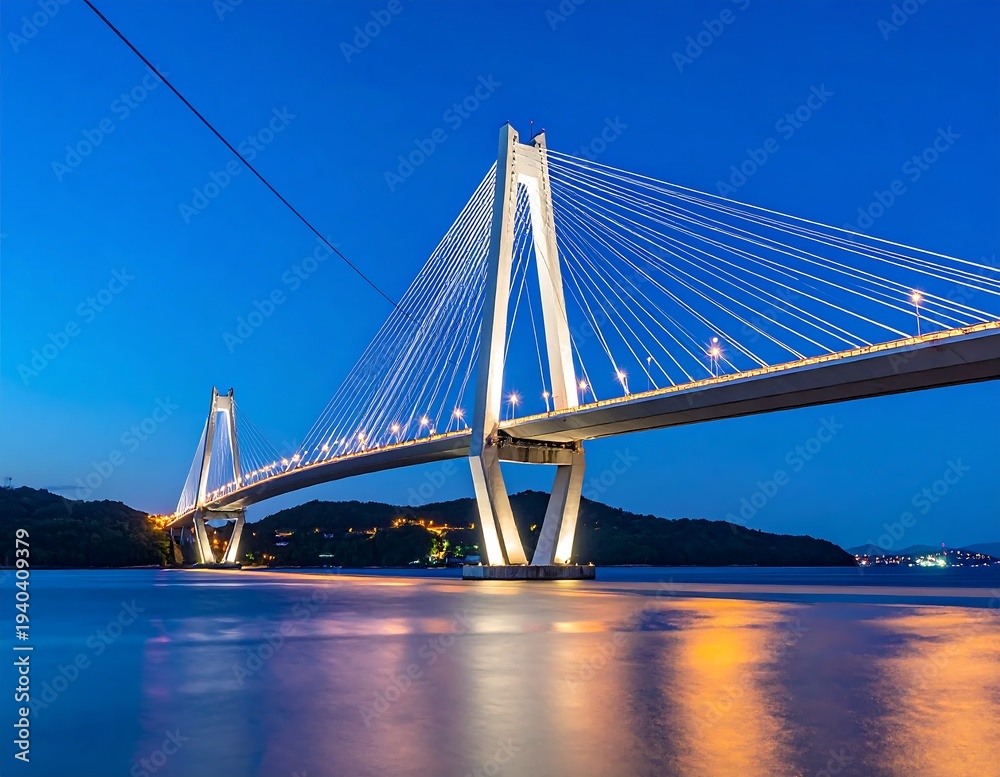 Obraz premium Illuminated Cable-Stayed Bridge at Night - A Modern Architectural Marvel.