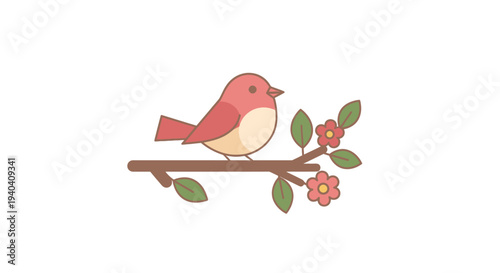 Red Bird Sitting on Branch with Flowers.