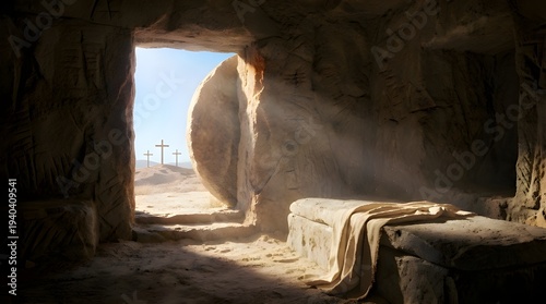 Realistic Depiction of an Ancient Empty Tomb with Rolling Stone and Radiant Light, Resurrection Concept