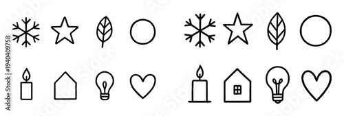 Seasonal icons with snowflake candle house outline