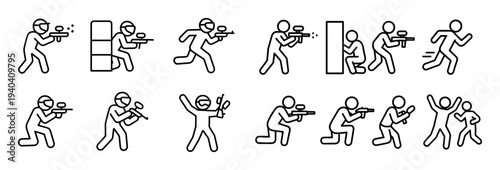 Combat icons with shooter shield barricade outline