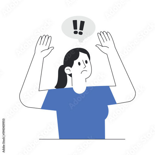 Confused Woman with Raised Hands and Exclamation Mark Problem Concept Vector Illustration.