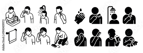 Hygiene icons with wash brush shower minimal