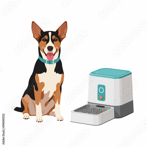 Dog with automatic feeder showing a playful pet and modern feeding technology. Dog sits beside automatic feeder, eager for mealtime. Concept of pet care and modern pet accessories.