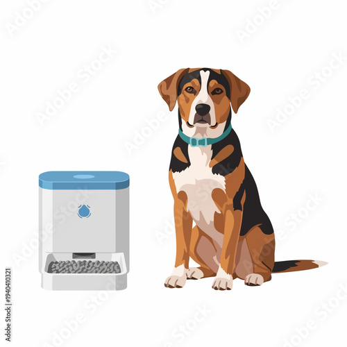 Dog with automatic pet feeder in modern setting. Dog with brown and white coat sitting next to smart feeding machine. Ideal for promoting pet care products or social media content about dog care.