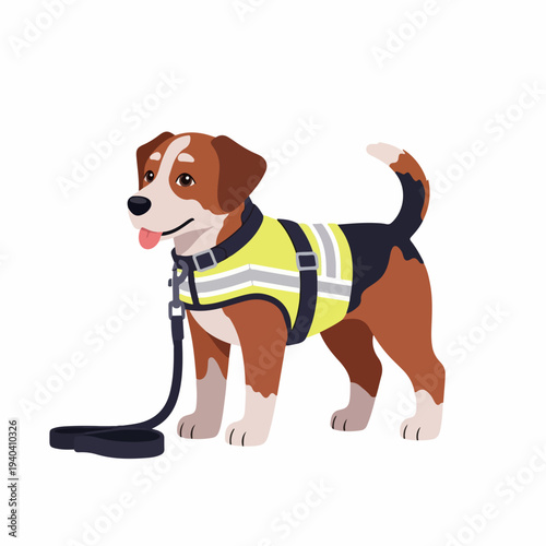 Adorable dog with safety vest and leash standing happily on white background. Friendly dog in reflective harness and leash is ready for walk. Concept of pet care and responsibility.