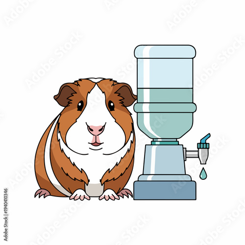 Cute guinea pig with water dispenser, adorable pet sitting next to clear water cooler providing fresh drinking water. Guinea pig enjoys hydration from convenient water dispenser in cozy setting.