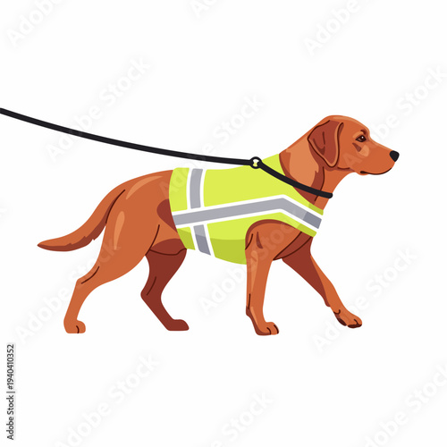 Labrador retriever walking on leash wearing reflective vest, dog stays active and safe during outdoor activities.